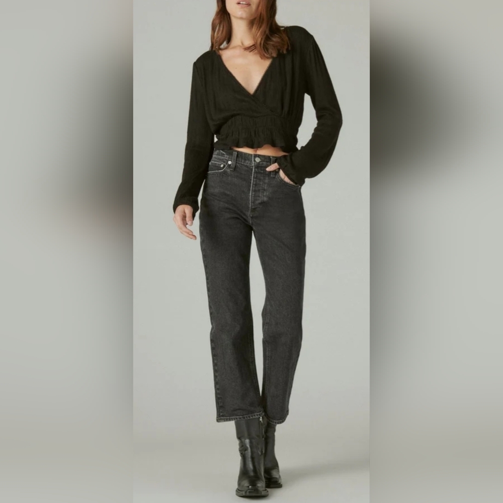 Lucky Brand Pointelle-Trim Surplice Top Jet Black XL New - Picture 6 of 10